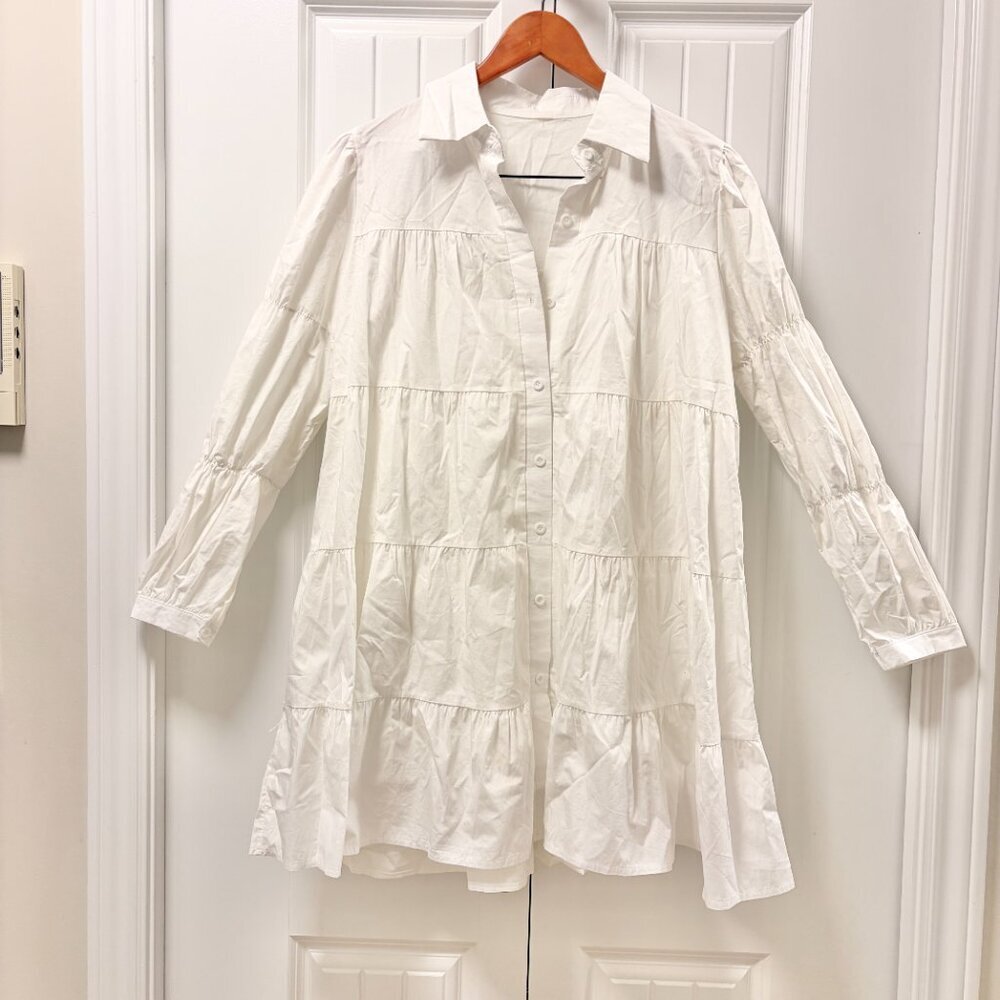 Tiered Button-Down Shirt Dress White